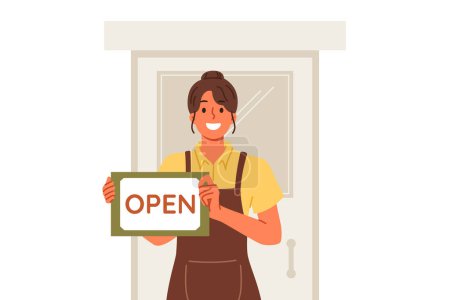 Illustration for Woman waiter shows inscription open standing near door of restaurant and inviting to become visitor. Hospitable girl waiter or owner of own small business in catering industry, dressed in apron - Royalty Free Image