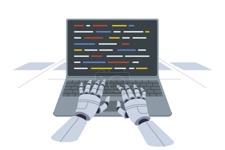 Hands of robot programmer typing code into laptop thanks to development of artificial intelligence. Chat bot with artificial intelligence works in user support and answers frequently asked questions