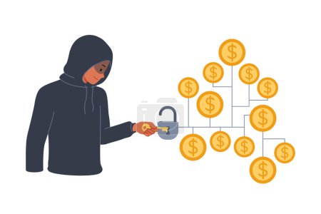 Man hacker hacks crypto vault with money to steal funds from blockchain wallet with gold coins. Hacker uses key to gain access to digital depository with bank depositors cash savings