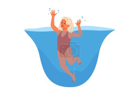Kleines Mädchen ertrinkt im Wasser und erstickt beim Schwimmen im Pool und braucht Hilfe von Rettungsschwimmern. Armes Kind ertrinkt nach plötzlichem Anfall und riskiert Tod aufgrund fehlender aufblasbarer Weste