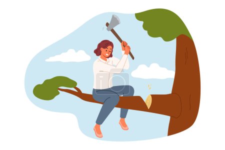 Ilustración de Foolish business woman cuts branch she is sitting, risks falling and failing due to mistake. Girl from proverbs makes mistake that has negative consequences in career or professional life - Imagen libre de derechos
