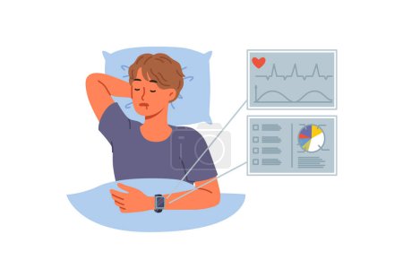 Smart bracelet on hand of sleeping man monitors heartbeat and sleep quality indicators. Sleep tracker on wrist of dozing guy lying in bed and taking care of own health with help of gadgets