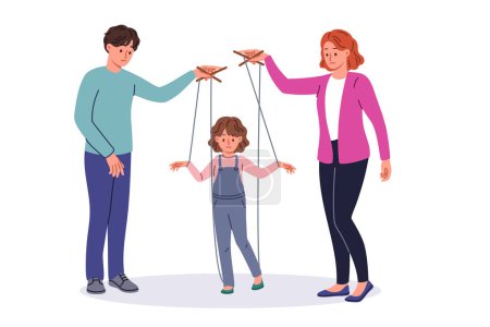 Illustration for Bad parents manipulate child using strings of puppeteers to raise unhappy daughter. Married couple manipulate kid, causing negative impact on psyche and destroying little girl future. - Royalty Free Image