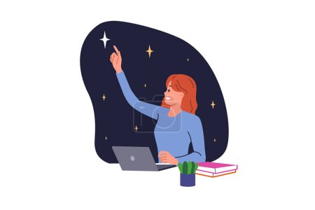 Girl student studies astronomy and imagines starry sky or space, sitting at table with laptop and books. Woman scientist study astronomy doing internet research about solar system.