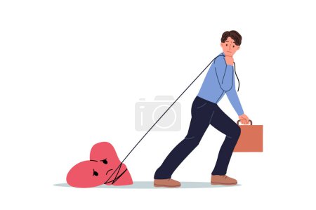 Illustration for Business man goes to work with pain in heart tied to rope, suffering due to problem in personal life. Sad office employee with burnout syndrome causing job aversion and heart disease - Royalty Free Image