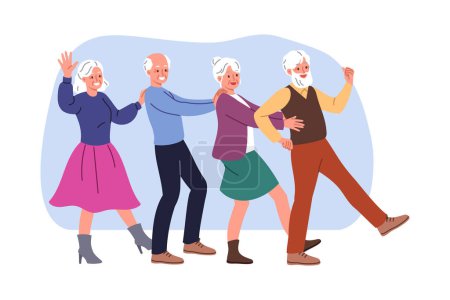 Elderly people dance together at party, rejoicing at long-awaited reunion or retirement. Several gray-haired men and women dance conga line, enjoying carefree old age and opportunity not to work