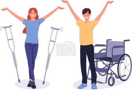Menschen mit Behinderungen feiern das Ende der Rehabilitation und Genesung, stehen neben Krücken und Rollstuhl. Mann und Frau mit Behinderungen nach Massage-Therapie oder neuen Medikamenten geheilt