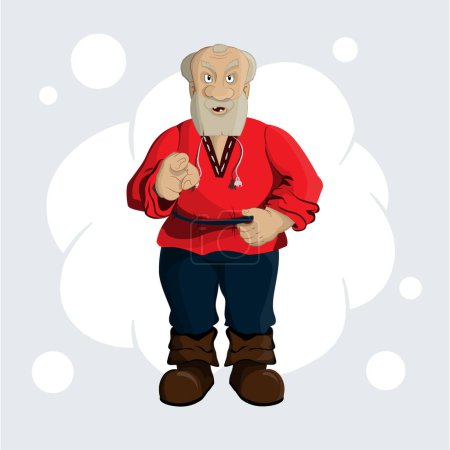 An angry old man in a red shirt, trousers and boots points his finger. Character. Bright vector illustration.