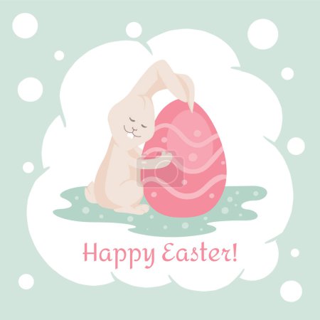 Cute Easter bunny hugs a large colored egg. Easter card. Vector illustration. Minimalism.