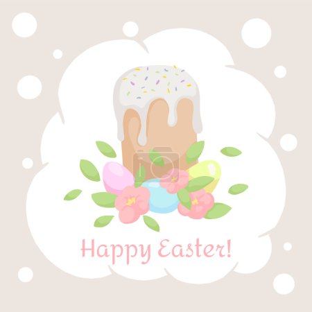 Easter cake with colored eggs and flowers. Easter card. Vector illustration in pastel colors. Minimalism.