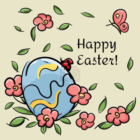 Illustration vectorielle lumineuse. Carte de Pâques avec texte. Image en couleur avec un oeuf peint, fleurs, papillon et coccinelle.