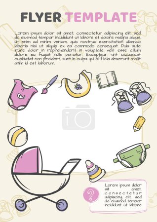 Vector illustration, collage of baby products. Editable template for flyer, banner, advertisement, announcement, post. Vector illustration