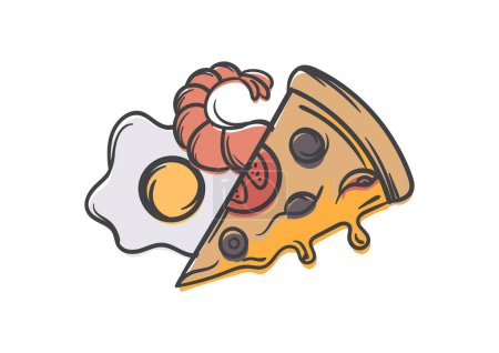 Fast food illustration. Junk food concept. Vector editable image of fried eggs, pizza and shrimp. Vector illustration