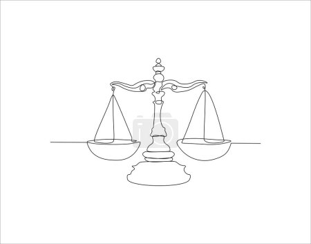 Dibujo continuo de la línea del equilibrio de la ley y la escala de la justicia. Una línea de símbolo de igualdad. Balanza Escalas Línea Continua Art. Esquema editable.