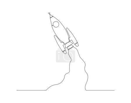Dibujo continuo de una línea de cohete. Una línea de naves espaciales volando. Concepto universal arte de línea continua. Esquema editable.