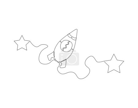 Dibujo continuo de una línea de cohete. Una línea de naves espaciales volando. Concepto universal arte de línea continua. Esquema editable.