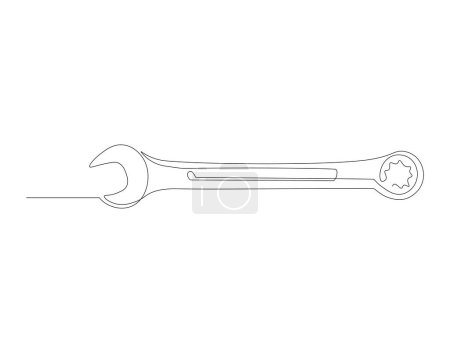 Continuous line drawing of wrench. One line of mechnical wrench. Worker tool concept continuous line art. Editable outline