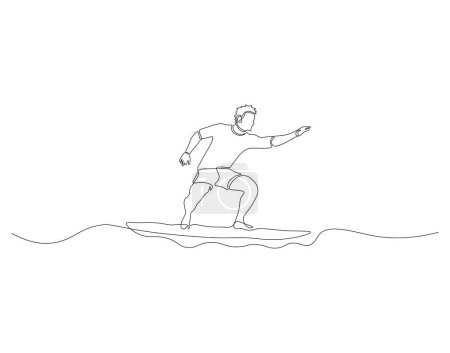 Dibujo continuo de la línea del surfista surfeando en ola. Una línea de surf surfista. Concepto de deporte acuático extremo arte de línea continua. Esquema editable.  