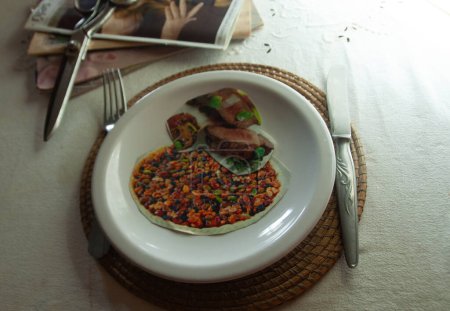 plate with paper food, from magazine clippings