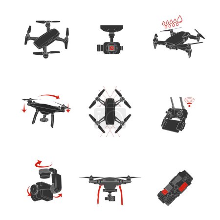 Téléchargez les illustrations : Modèle logo de drone, logo de drone, ensemble d'icônes de drone. Modèles de logos de drones volants, modèle de conception de logo de drone Photo, conception simple de vecteur de logo de drone, icône vectorielle de modèle de logo de drone. - en licence libre de droit