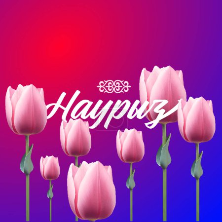  Postcard Nauryz, Holiday in Kazakhstan, stylish beautiful inscription, calligraphic text, March 22, chic background, flowers, gradient