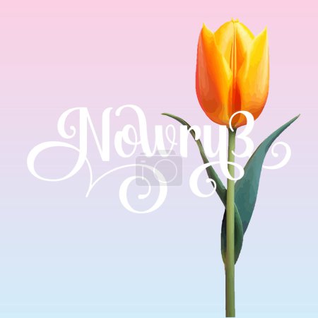 Ilustración de Navruz vacaciones, Hermosa inscripción Navruz, Flores de tulipán, texto caligráfico, Marzo, tarjeta de vacaciones, fondo, gradiente, colores suaves - Imagen libre de derechos