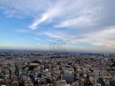 aerial view of Bnei Brak & Ramat Gan Cityscape in israel with golden sunset and clear sky