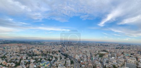 aerial view of Bnei Brak & Ramat Gan Cityscape in israel with golden sunset and clear sky