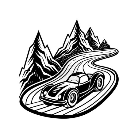 Race car silhouette on white background. Vehicle linocut