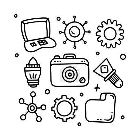 Ilustración de Dibuje a mano la tecnología de dibujo icono doodle conjunto de diseño para colorear libro. Icono de tecnología para colorear páginas - Imagen libre de derechos
