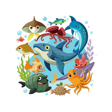 Different types of sea animals. Ocean animals vector illustration