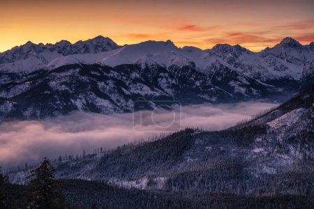 Vue panoramique depuis le sommet de Gesia Szyja dans les montagnes Tatra. Ciel matinal coloré sur les sommets enneigés des Hautes Tatras en saison hivernale.