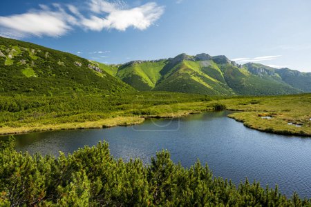 Sommerliche Berglandschaft, See und Gebirge mit blauem Himmel ohne Menschen. Hohe Tatra, Slowakei