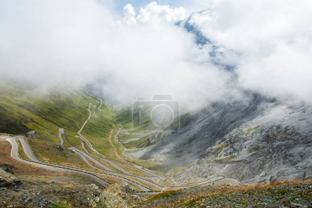 Serpentine carretera de montaña en los Alpes italianos, paso Stelvio