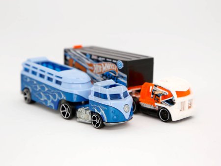 Photo for Hot Wheels trucks. Collectible toys for children. Classic cars. Famous cars. Cargo and transportation truck. Vehicles. Logos. Sports car. Volkswagen. - Royalty Free Image