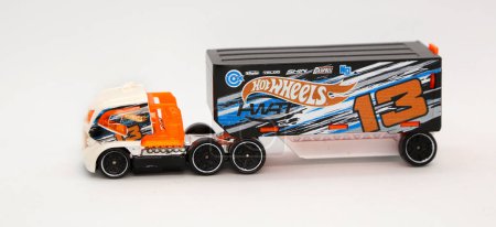 Photo for Hot Wheels trucks. Collectible toys for children. Classic cars. Famous cars. Cargo and transportation truck. Vehicles. Logos. Sports car. - Royalty Free Image