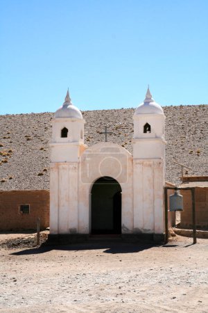 Colonial style catholic church. Landscape of the Valles Calchaquies road, Argentina. Mountains. Dry and desert climate. Tourist path. Trip. Argentine North. Latin America.