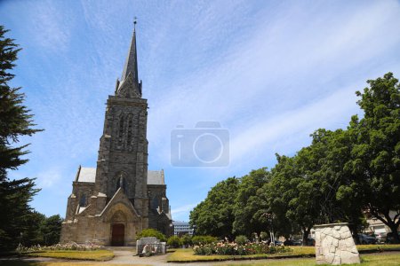Photo for Our Lady of Nahuel Huapi Cathedral. Church of San Carlos de Bariloche, Rio Negro, Argentina. stone church. Facade. Architecture. Religious catholic temple. Neo-Gothic style with French reminiscences. - Royalty Free Image