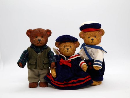 Photo for Family of teddy bears dressed as sailors. Cute bears. Brothers. Bear family. Mom, father and son. Toys for children. Classic collectible toys. - Royalty Free Image