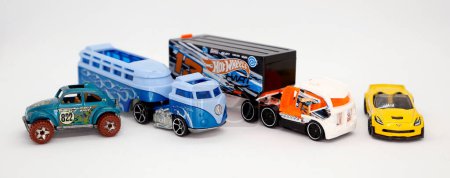 Photo for Hot Wheels cars and trucks. Collectible toys for children. Classic cars. Famous cars. Cargo and transportation truck. Vehicles. Logos. Sports car. - Royalty Free Image