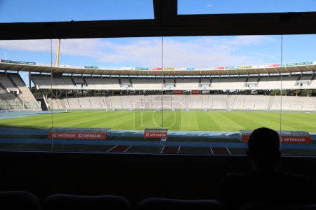 Photo for Court of the Mario Alberto Kempes Soccer Stadium seen from the VIP visitors' sector, Cordoba, Argentina. Empty soccer stadium with green grass and blue sky in the background with copy space. - Royalty Free Image
