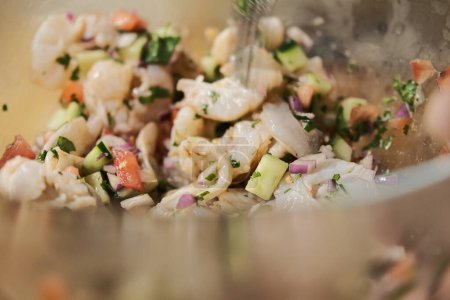 Photo for Fresh shrimp salad in a glass bowl with herbs, spices - Royalty Free Image
