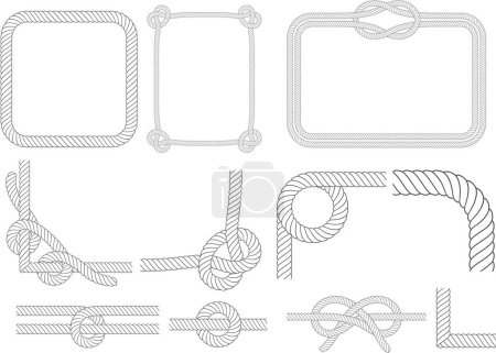 Marine Rope Frame. Vintage Nautical Sling Corners, Boat Ropes and Navy Knots Frames Isolated Vector Set