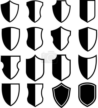 Illustration for Shields set. Collection of security shield icons with contours and linear signs. Design elements for concept of safety and protection. Vector illustration - Royalty Free Image