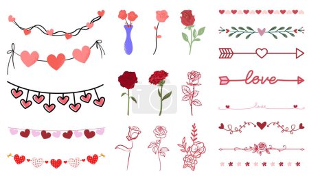 Photo for Valentine Day, Flowers, Flowers Border, Roses Illustration, love valentine arrows, arrow with heart icon Vector - Royalty Free Image
