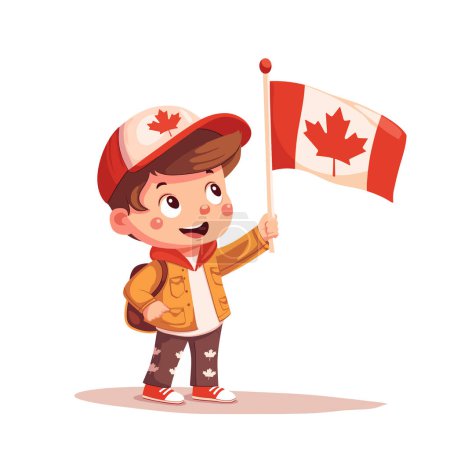 Jeune garçon animé tenant le drapeau du Canada, illustration de dessin plat, vecteur isolé sur fond blanc