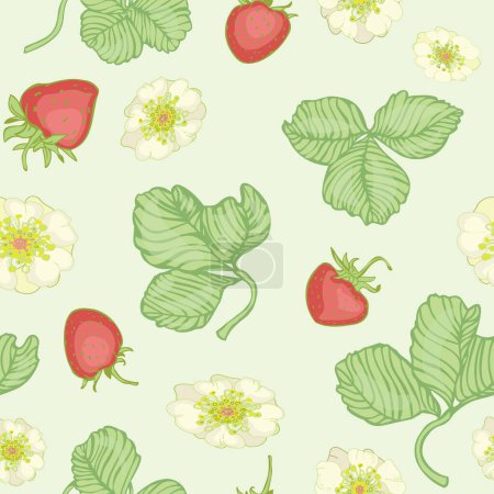 Seamless vector repeating pattern of blooming strawberry white flowers, green leaves and red strawberry berries on a mint green background for scrapbooking, home textiles or children's clothing.