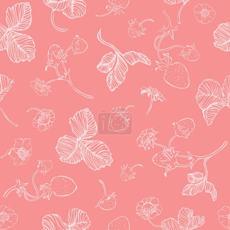  Repeat pattern of blooming strawberries on a pink / coral background drawn with white lines. Perfect for fabric, scrapbooking, toddler clothing, scrapbooking