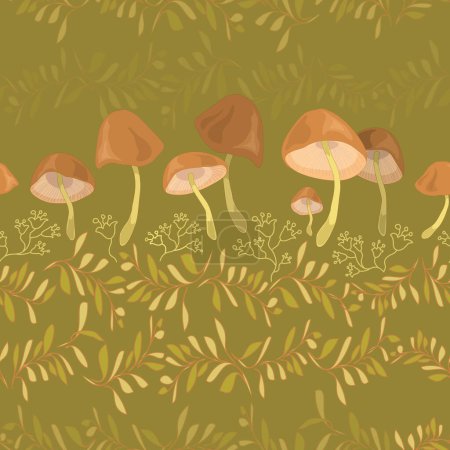 Vector seamless pattern of forest floor. Mossy green, modest flowers and fresh mushrooms. Perfect for picnics, kids, nursery, home decor projects. Vector illustration