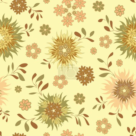 vector seamless pattern of brown, pink, green stylized leaves and flowers. Cute pattern in earthy colors on a yellow color background. Vector illustration. floral, warm colors vector illustration for
